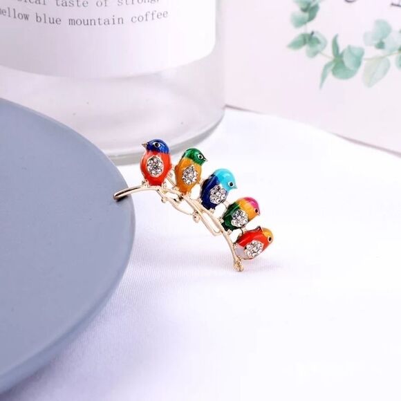 Enamel Glaze Bird Of Flock Crystal Gold Brooch - Picture 2 of 6